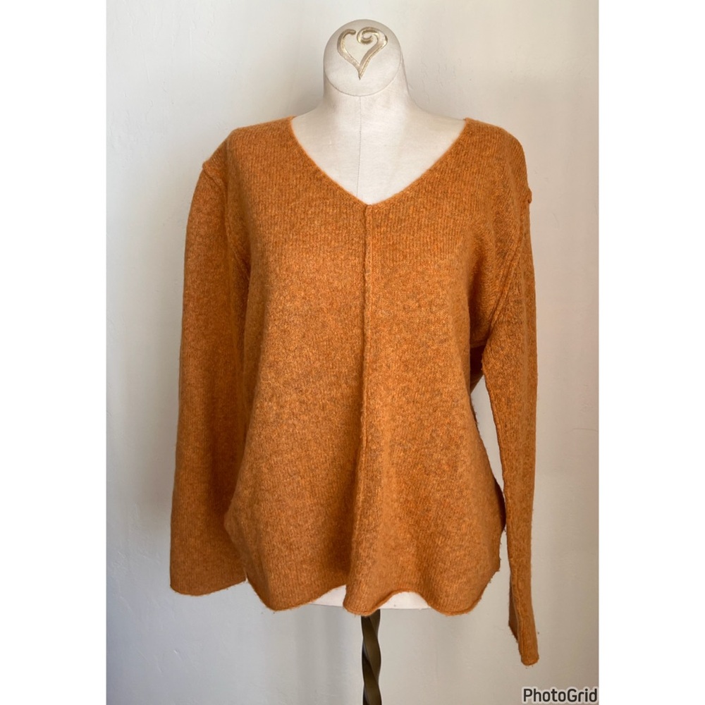 Eileen Fisher Wool Blend Fall Orange V Neck Exposed Seam Sweater Medium
